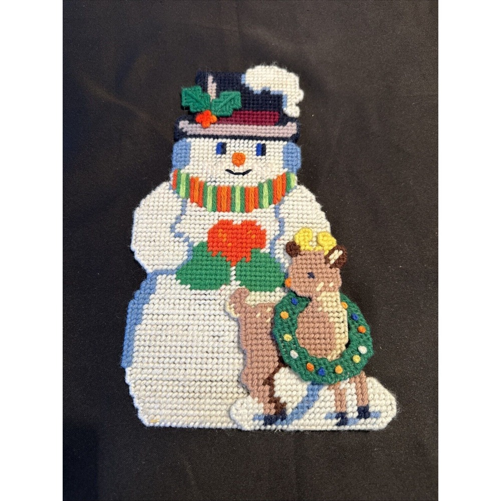 Vtg Plastic Canvas 11" Snowman Reindeer Needlepoint Finished Christmas Magnetic